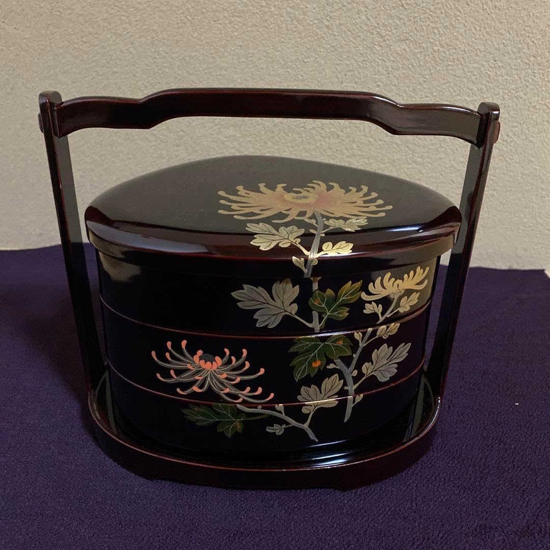 骨董 蛤型 金蒔絵 手提げ三段重